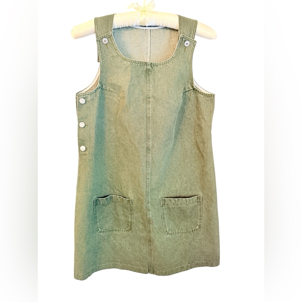 Olive Green Denim Pinafore Dress XS Adjustable Straps